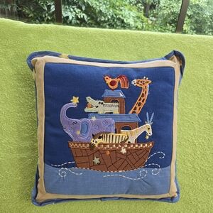 NWT NIP NOAHS ARK Throw Pillow Animal Embroidered - Blue Tan STARRY NIGHT  (Q2)